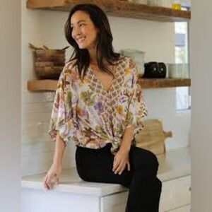 She & Sky Boho Tie-Front Starburst & Floral-Print Blouse